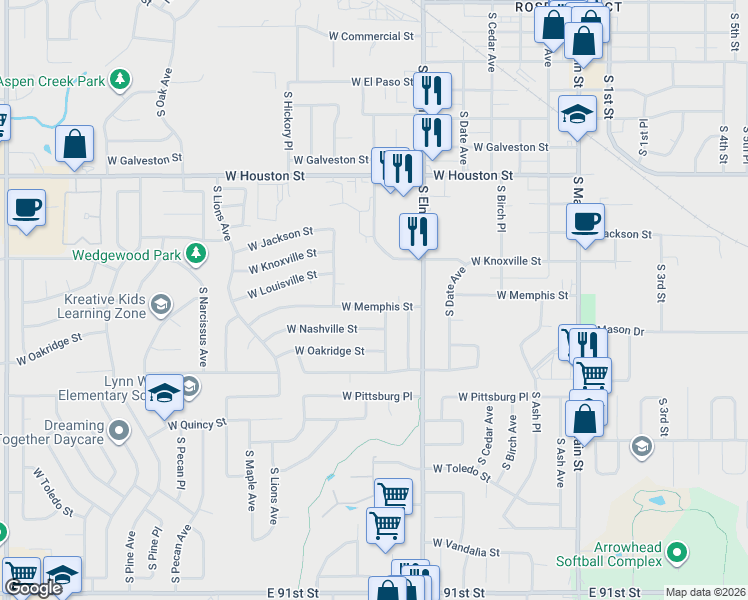 map of restaurants, bars, coffee shops, grocery stores, and more near 804 West Memphis Street in Broken Arrow
