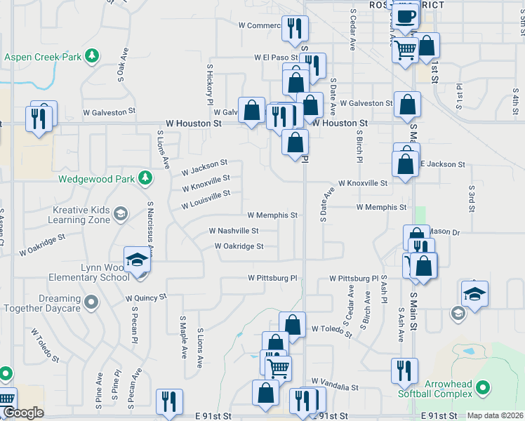 map of restaurants, bars, coffee shops, grocery stores, and more near 1000 West Memphis Street in Broken Arrow