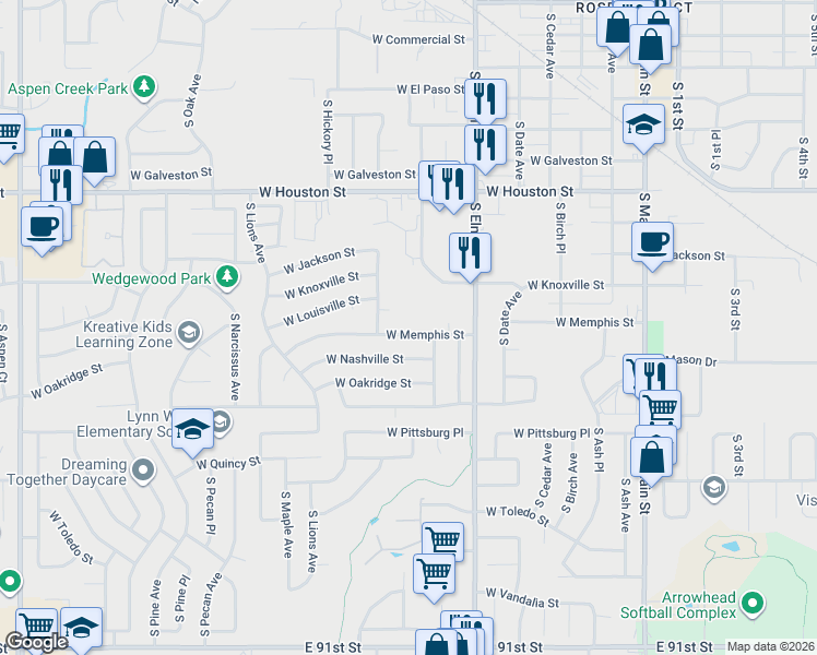 map of restaurants, bars, coffee shops, grocery stores, and more near 1000 West Memphis Street in Broken Arrow