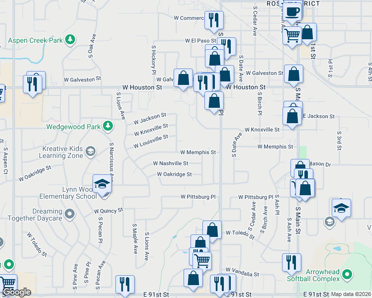map of restaurants, bars, coffee shops, grocery stores, and more near 1000 West Memphis Street in Broken Arrow