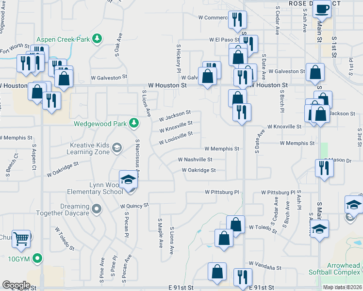 map of restaurants, bars, coffee shops, grocery stores, and more near 1212 West Memphis Street in Broken Arrow