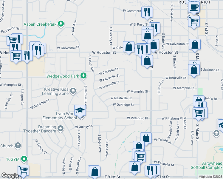 map of restaurants, bars, coffee shops, grocery stores, and more near 1212 West Memphis Street in Broken Arrow