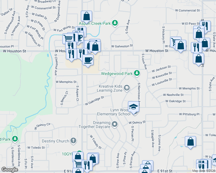 map of restaurants, bars, coffee shops, grocery stores, and more near 1900 West Nashville Street in Broken Arrow