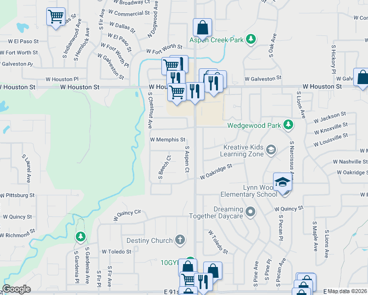 map of restaurants, bars, coffee shops, grocery stores, and more near 2216 West Memphis Place in Broken Arrow