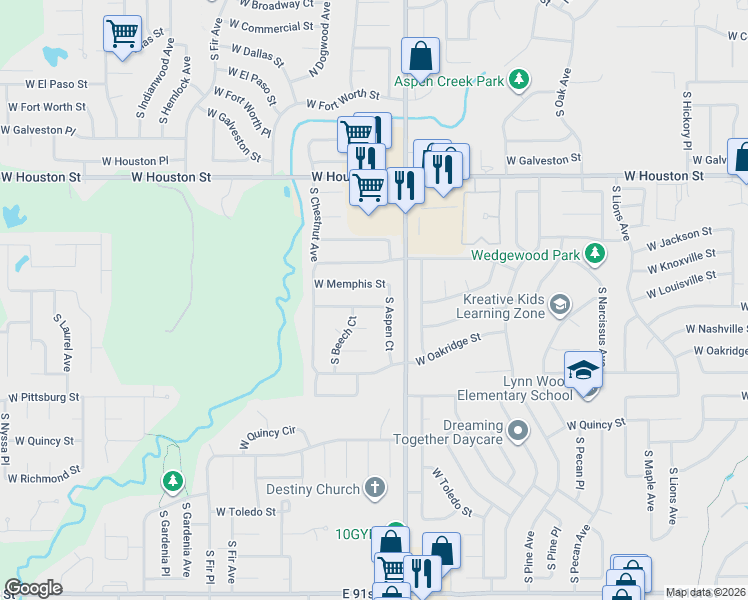 map of restaurants, bars, coffee shops, grocery stores, and more near 2216 West Memphis Place in Broken Arrow