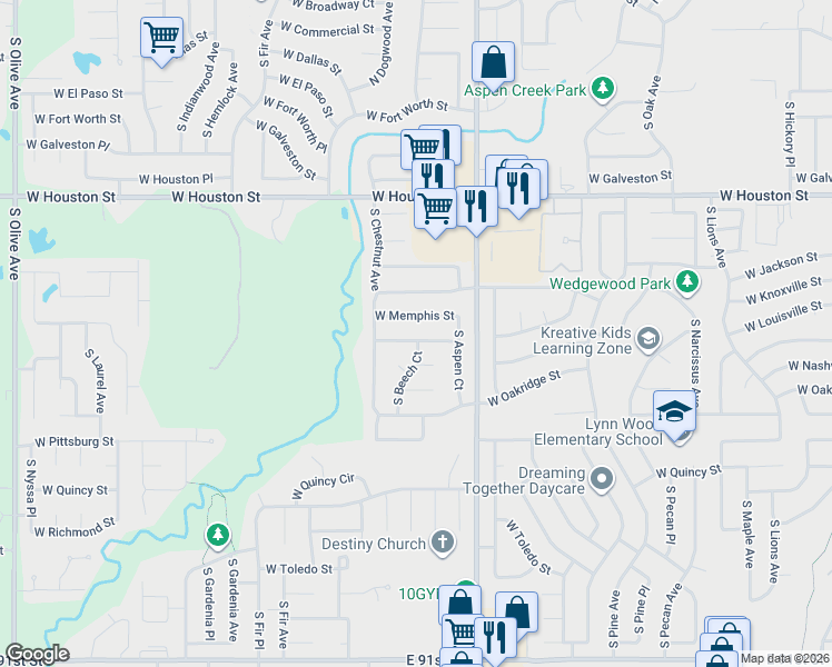 map of restaurants, bars, coffee shops, grocery stores, and more near 2216 West Memphis Place in Broken Arrow