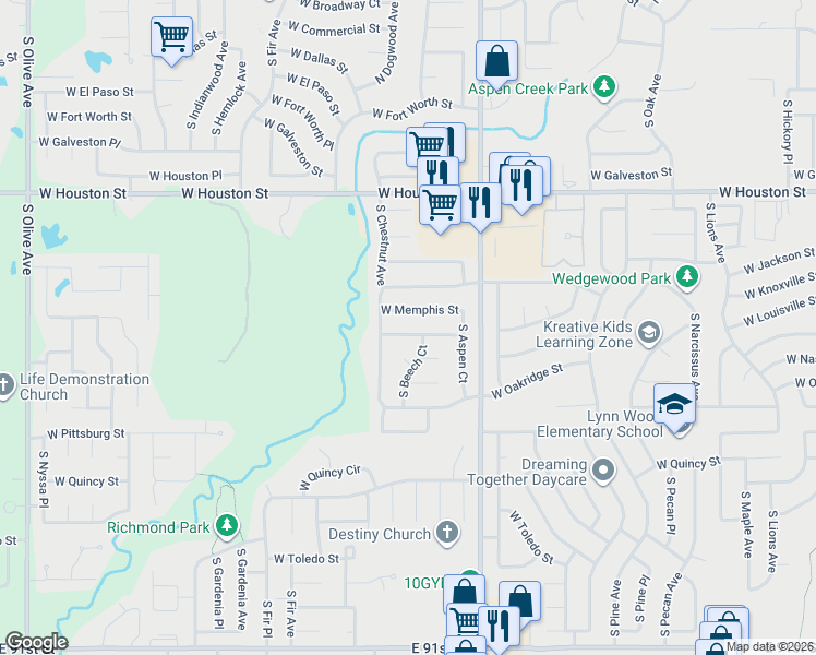 map of restaurants, bars, coffee shops, grocery stores, and more near 2316 West Memphis Place in Broken Arrow