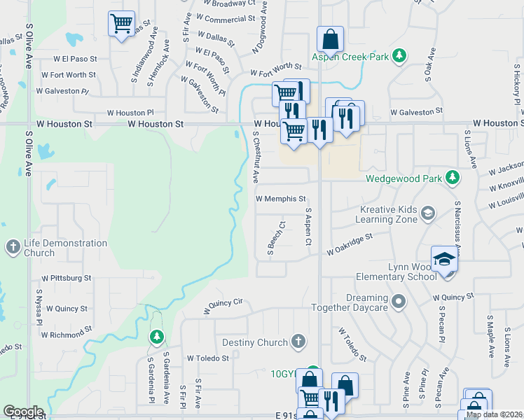 map of restaurants, bars, coffee shops, grocery stores, and more near 2316 West Memphis Place in Broken Arrow