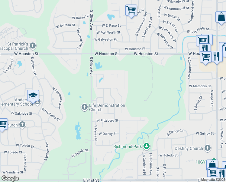 map of restaurants, bars, coffee shops, grocery stores, and more near 1104 South Laurel Avenue in Broken Arrow