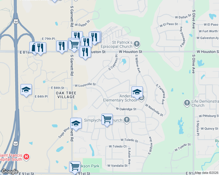 map of restaurants, bars, coffee shops, grocery stores, and more near 4604 West Louisville Street in Broken Arrow