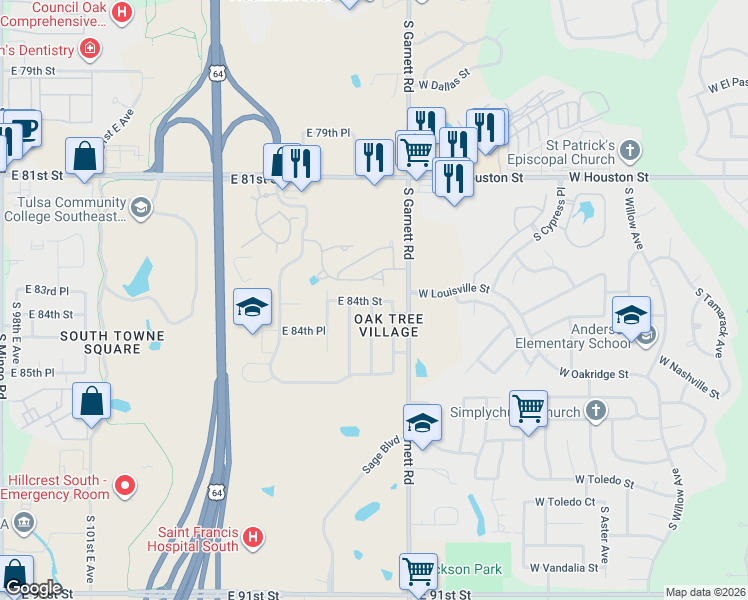 map of restaurants, bars, coffee shops, grocery stores, and more near 8402 South 111th East Avenue in Tulsa