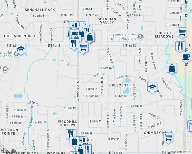 map of restaurants, bars, coffee shops, grocery stores, and more near 6708 East 83rd Place in Tulsa