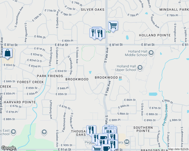 map of restaurants, bars, coffee shops, grocery stores, and more near 8347 South Vandalia Avenue in Tulsa