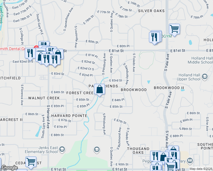 map of restaurants, bars, coffee shops, grocery stores, and more near 8304 South Quebec Avenue in Tulsa
