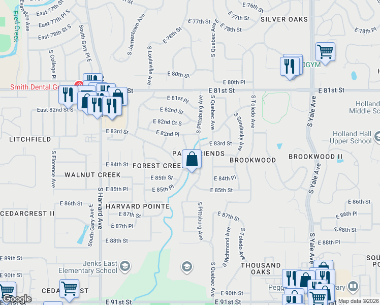 map of restaurants, bars, coffee shops, grocery stores, and more near 8235 South Oswego Avenue in Tulsa