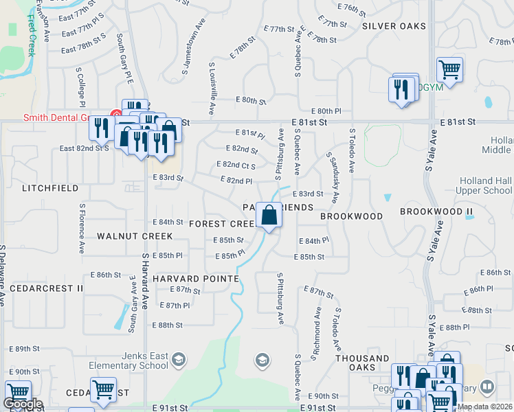 map of restaurants, bars, coffee shops, grocery stores, and more near 8235 South Oswego Avenue in Tulsa