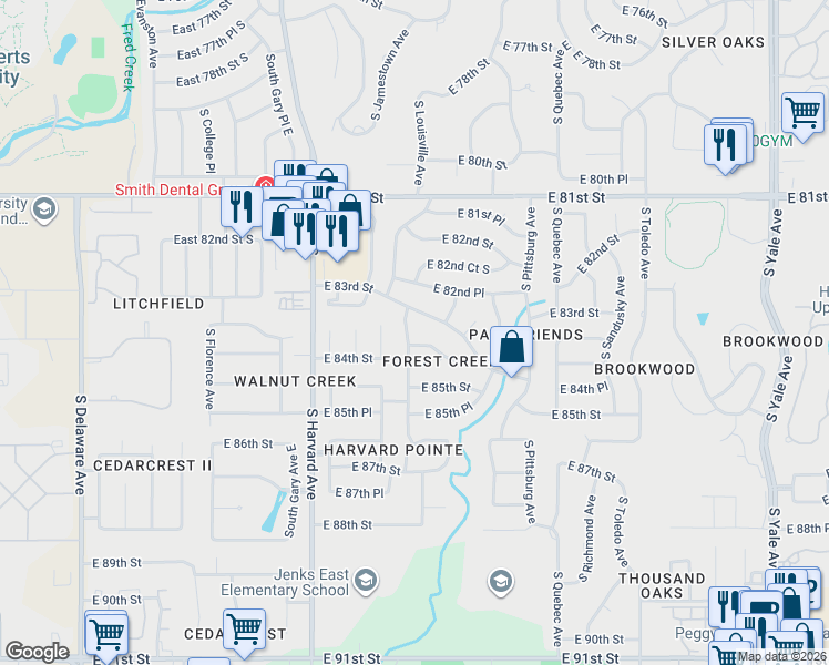 map of restaurants, bars, coffee shops, grocery stores, and more near 3713 East 84th Street in Tulsa