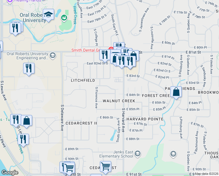 map of restaurants, bars, coffee shops, grocery stores, and more near 3143 East 84th Street South in Tulsa