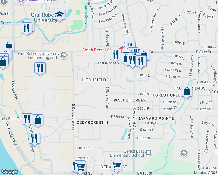 map of restaurants, bars, coffee shops, grocery stores, and more near 3112 East 84th Street in Tulsa