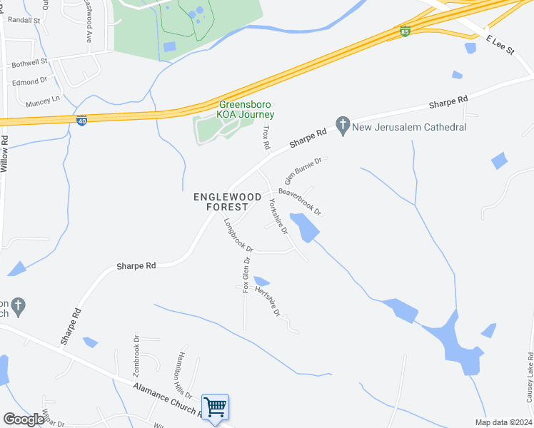 map of restaurants, bars, coffee shops, grocery stores, and more near 2102 Yorkshire Drive in Greensboro