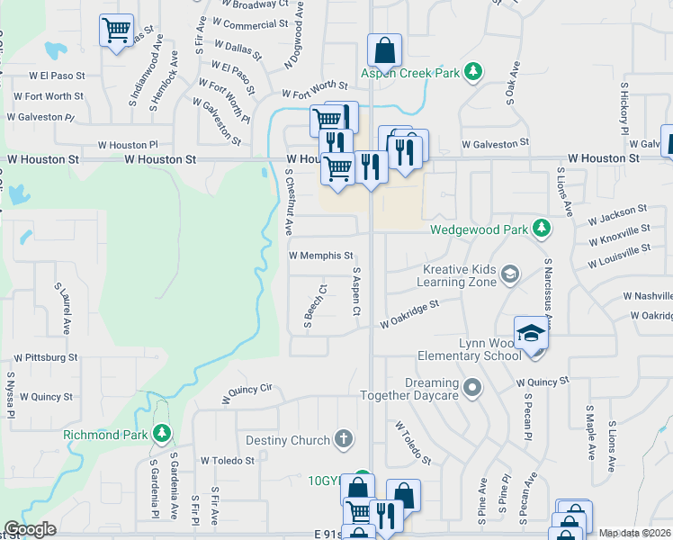 map of restaurants, bars, coffee shops, grocery stores, and more near 2216 West Memphis Place in Broken Arrow