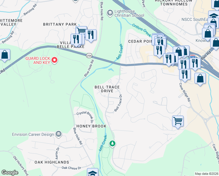 map of restaurants, bars, coffee shops, grocery stores, and more near 1533 Bell Trace Drive in Nashville