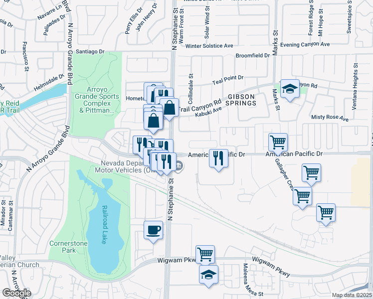 map of restaurants, bars, coffee shops, grocery stores, and more near 1371 Bear Brook Avenue in Henderson