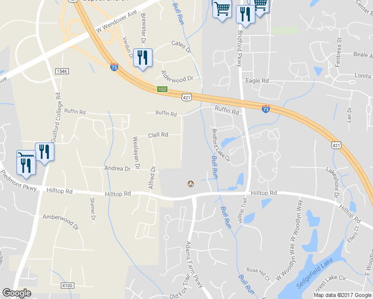 map of restaurants, bars, coffee shops, grocery stores, and more near 207 Wedgewood Drive in Jamestown