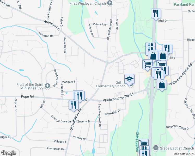 map of restaurants, bars, coffee shops, grocery stores, and more near 1659 Grand Springs Drive in Winston-Salem