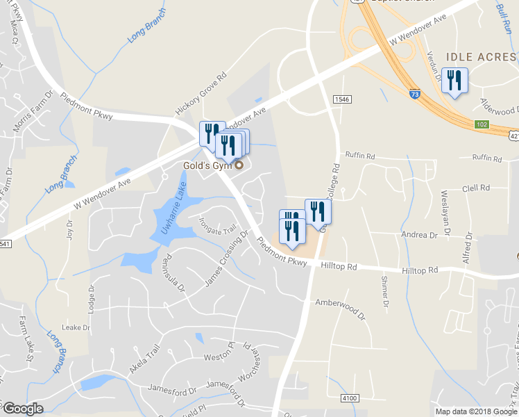 map of restaurants, bars, coffee shops, grocery stores, and more near 3100 Hawkshead Way in Jamestown