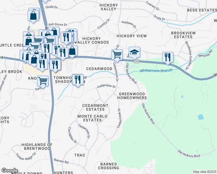 map of restaurants, bars, coffee shops, grocery stores, and more near 425 Cedarview Drive in Nashville