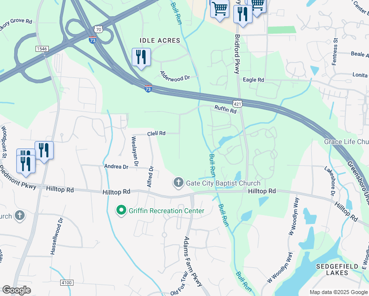 map of restaurants, bars, coffee shops, grocery stores, and more near 207 Wedgewood Drive in Jamestown