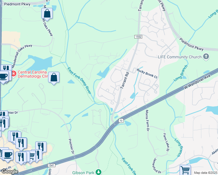 map of restaurants, bars, coffee shops, grocery stores, and more near 4029 Tarrant Trace Circle in High Point