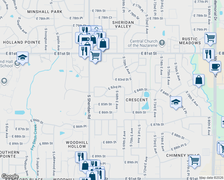 map of restaurants, bars, coffee shops, grocery stores, and more near 6708 East 83rd Place in Tulsa