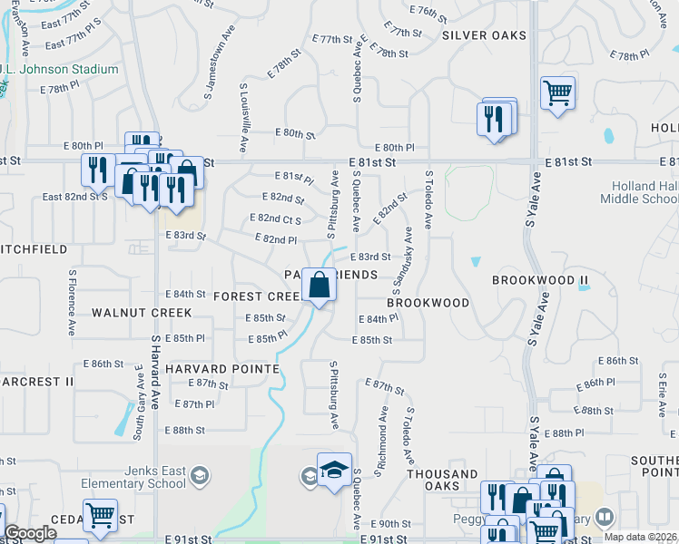 map of restaurants, bars, coffee shops, grocery stores, and more near 8304 South Quebec Avenue in Tulsa