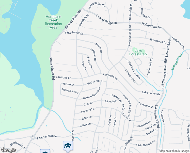 map of restaurants, bars, coffee shops, grocery stores, and more near 1012 Betty Lou Lane in La Vergne