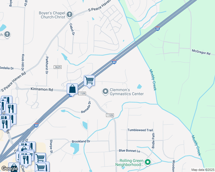 map of restaurants, bars, coffee shops, grocery stores, and more near 6061 Gun Club Road in Winston-Salem