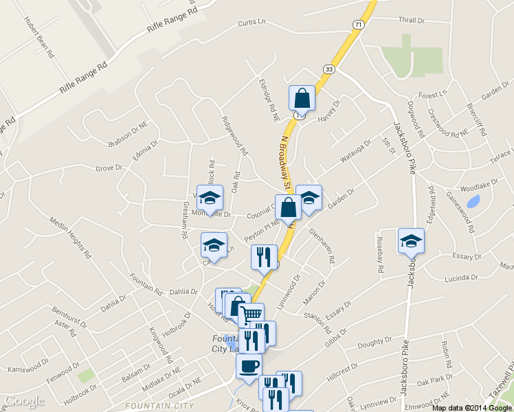 map of restaurants, bars, coffee shops, grocery stores, and more near 5515 Colonial Circle in Knoxville