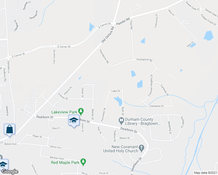 map of restaurants, bars, coffee shops, grocery stores, and more near 3057 Lake Drive in Durham