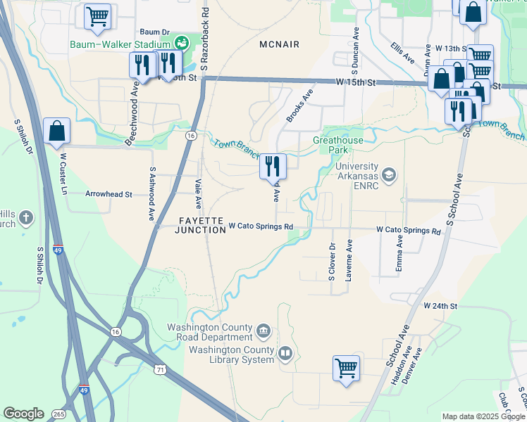 map of restaurants, bars, coffee shops, grocery stores, and more near 1168 West Cato Springs Road in Fayetteville