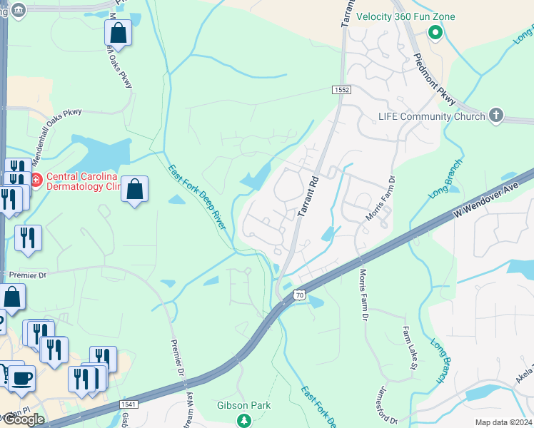 map of restaurants, bars, coffee shops, grocery stores, and more near 4025 Tarrant Trace Circle in High Point