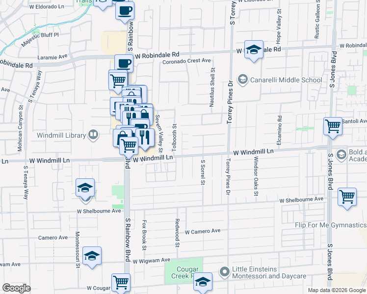 map of restaurants, bars, coffee shops, grocery stores, and more near 8076 Tolbooth Street in Las Vegas