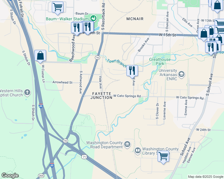 map of restaurants, bars, coffee shops, grocery stores, and more near 1332 Cato Springs Road in Fayetteville