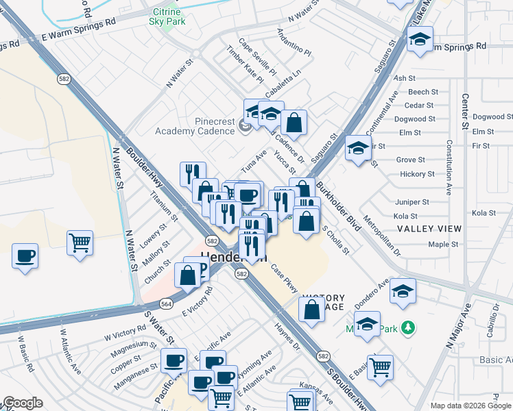 map of restaurants, bars, coffee shops, grocery stores, and more near 105 North Ocotillo Street in Henderson