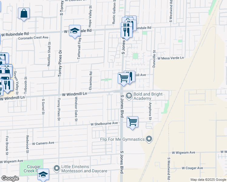 map of restaurants, bars, coffee shops, grocery stores, and more near West Windmill Lane in Las Vegas