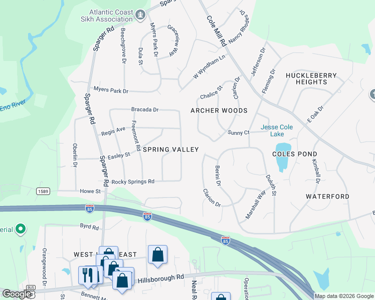 map of restaurants, bars, coffee shops, grocery stores, and more near 2628 Ferrand Drive in Durham