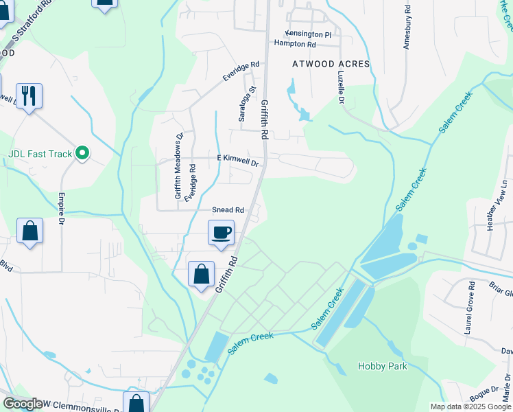 map of restaurants, bars, coffee shops, grocery stores, and more near 2691 Griffith Road in Winston-Salem