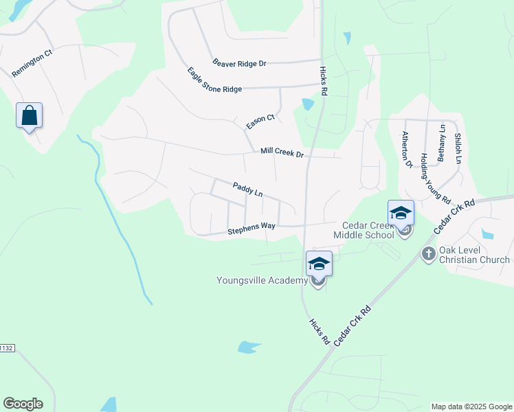 map of restaurants, bars, coffee shops, grocery stores, and more near 30 James Joyce Court in Youngsville