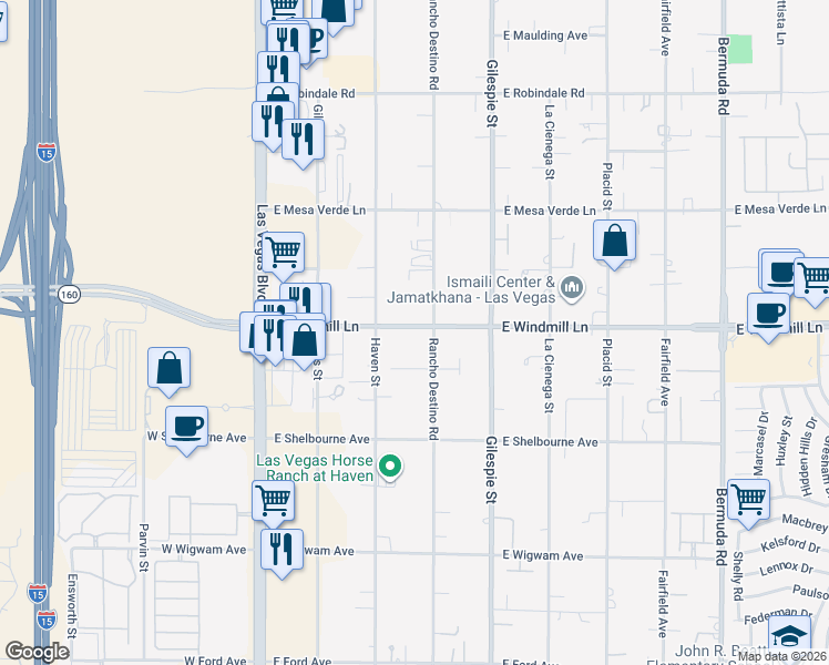 map of restaurants, bars, coffee shops, grocery stores, and more near 95 East Windmill Lane in Las Vegas