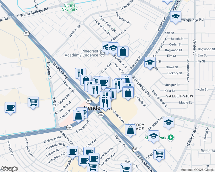 map of restaurants, bars, coffee shops, grocery stores, and more near 105 North Ocotillo Street in Henderson